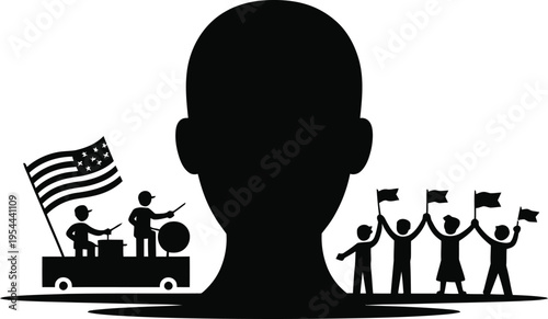 patriotic american silhouette with flag waving crowd