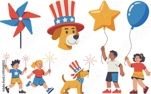 patriotic children and dogs celebrate 4th of july with balloons and sparklers