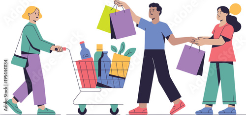 people shopping with cart and bags