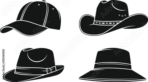 Set of hat silhouettes including baseball cap, cowboy hat, fedora and sun hat, black vector illustration collection for fashion, apparel and accessory design