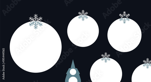 Festive winter scene with white circular ornaments topped with snowflakes and a dark blue silhouette of a church on a navy blue background.