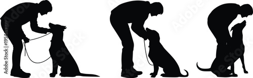 Black silhouette set of a man training his dog in different poses isolated on white background for pet care veterinary and animal behavior concepts
