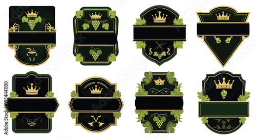 Set of eight elegant vintage wine labels featuring grape clusters and crown emblems in dark green and black with gold accents for branding.