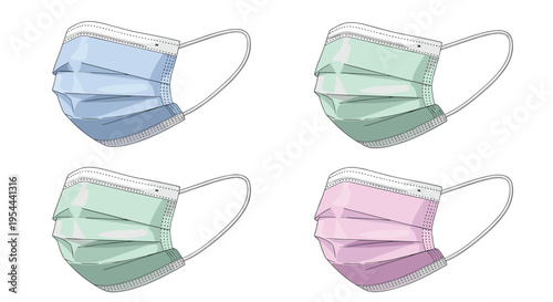 Selection of four surgical face masks in blue and green and pink colors shown from a side perspective for hygiene and protection concepts.