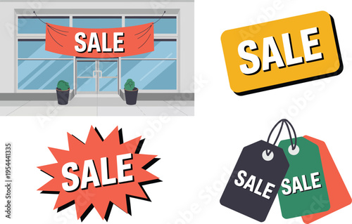 Sale signs and shopping bags on white background, discount and clearance concept