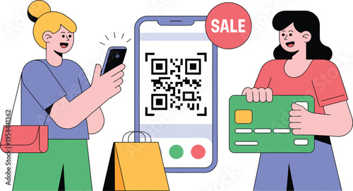 Women using smartphone with QR code for mobile payment and shopping