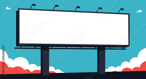 Large blank white outdoor billboard for advertising standing against a clear blue sky with stylized red and white clouds at the bottom.