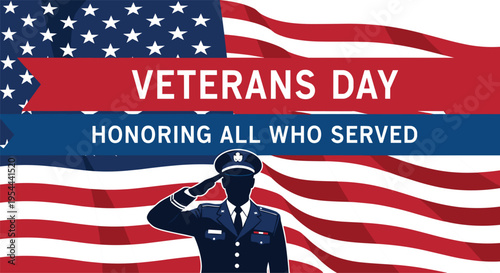 Veterans Day USA flag background with saluting soldier silhouette, honoring all who served, patriotic military tribute, national holiday vector illustration design