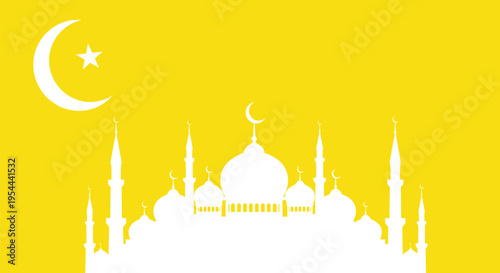 White silhouette of a mosque with multiple domes and minarets beneath a crescent moon and star on a bright yellow background for ramadan.