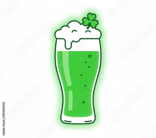 Cold pint mug of green lager beer with white foam froth for an Irish St Patrick’s Day celebration at a pub bar