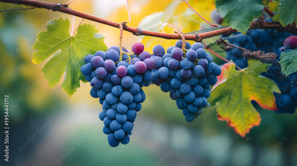 Fototapeta premium Purple grapes growing on vine in vineyard fresh organic fruit agriculture harvest wine concept
