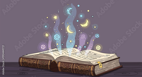 Ancient open spell book releasing magical celestial energy like stars and moons into the night atmosphere