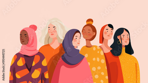 Vector illustration of diverse women in colorful clothing