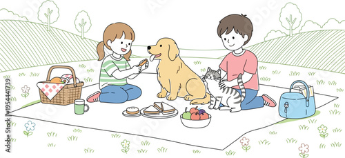 Cheerful children and their beloved pets, a golden retriever and a tabby cat, enjoying a delightful picnic outdoors together.