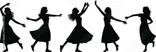 Black silhouettes of graceful dancer in flowing dress performing multiple dance poses, artistic motion illustration symbolizing rhythm, elegance, choreography, performance, and creative expression