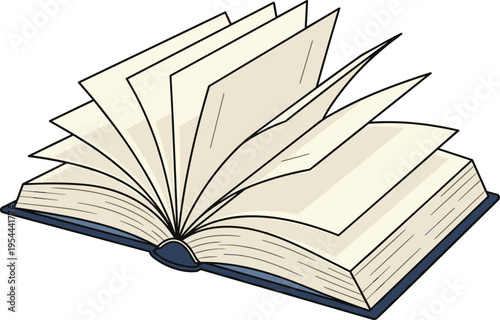 Open book with turning blank pages, blue hardback cover, isolated vector illustration of reading, education, learning and knowledge,
