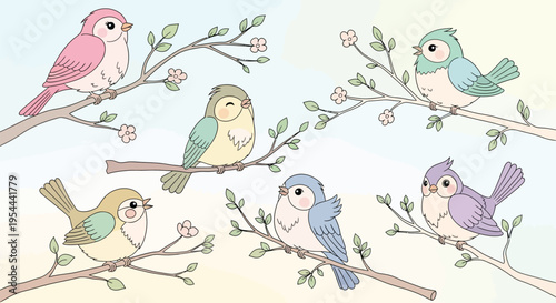 Adorable collection of colorful cartoon birds perching peacefully on delicate spring branches adorned with fresh green leaves and small pink blossoms.