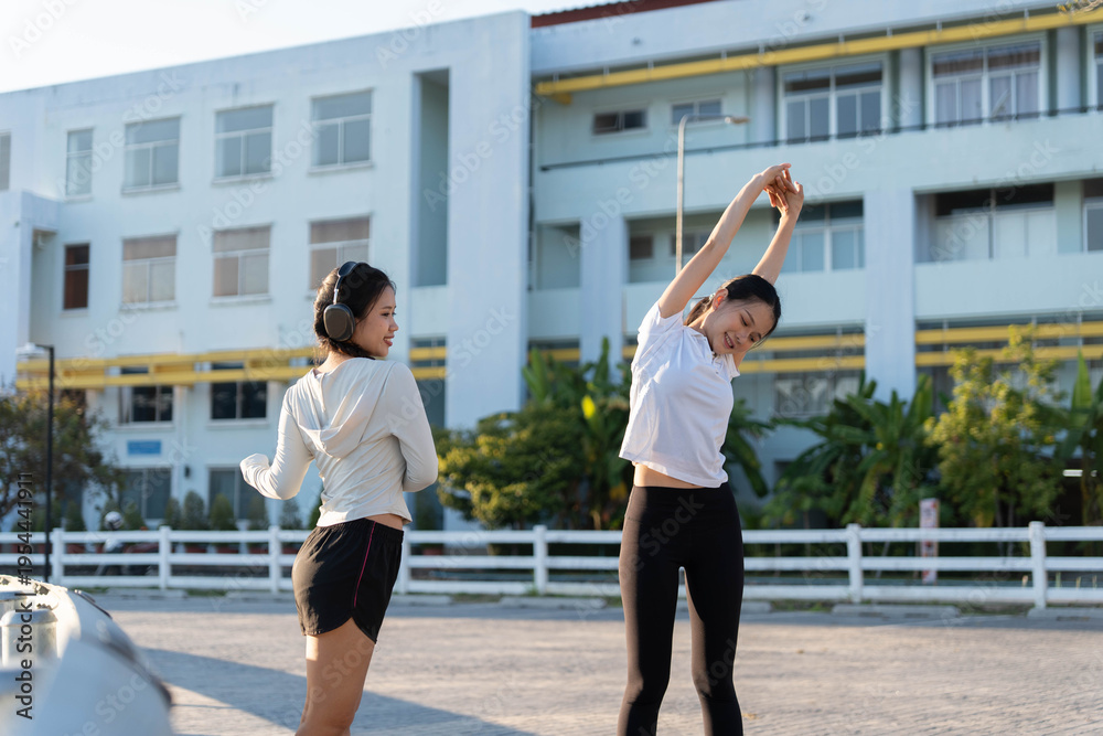 Obraz premium Two Sporty Asian woman stretching wawrmup at stadium