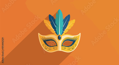 Elegant yellow masquerade mask with blue and yellow feathers on orange background casting a long shadow for carnival celebration.