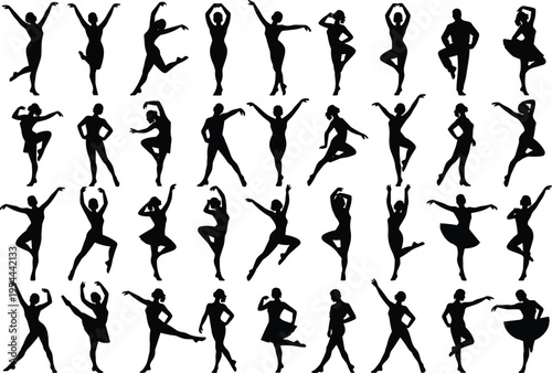 Dance silhouette illustration, thirty-six expressive figures in diverse ballet, contemporary, and freestyle poses, performance art theme, vector design, black silhouettes, isolated, bold, 