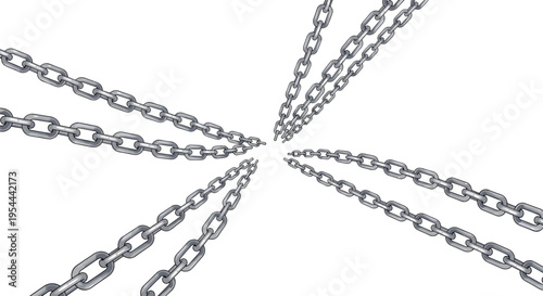 Multiple silver metal chains converging towards central point in perspective against plain white background for concept of connection.
