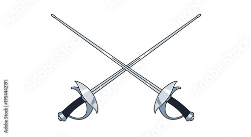 Pair of crossed fencing foils with protective hilts against white background for sport of fencing tournament or competition.