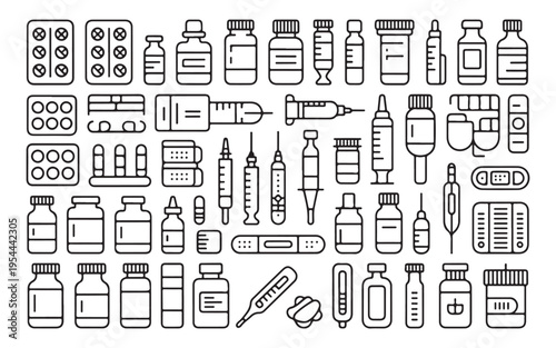 Pharmacy medication outline icons including pill blisters glass bottles syringes and first aid tools
