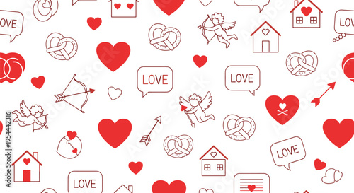 Romantic seamless pattern for valentine day with cupid arrows hearts houses pretzels and love speech bubbles on white background.