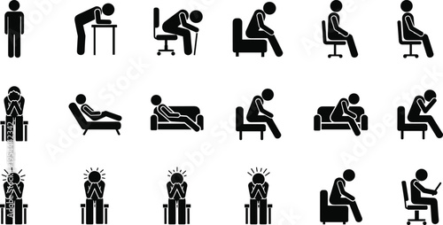 Depression and fatigue silhouette icon set showing sad, stressed and tired people sitting, resting and struggling with mental health concept