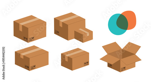 Group of cardboard shipping boxes in various sizes and states including open and closed for delivery logistics and packaging.