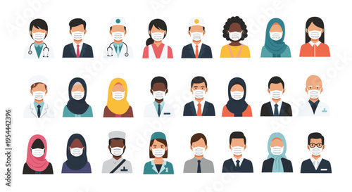 Grid of diverse people from various professions and backgrounds wearing protective white face masks for public health safety.