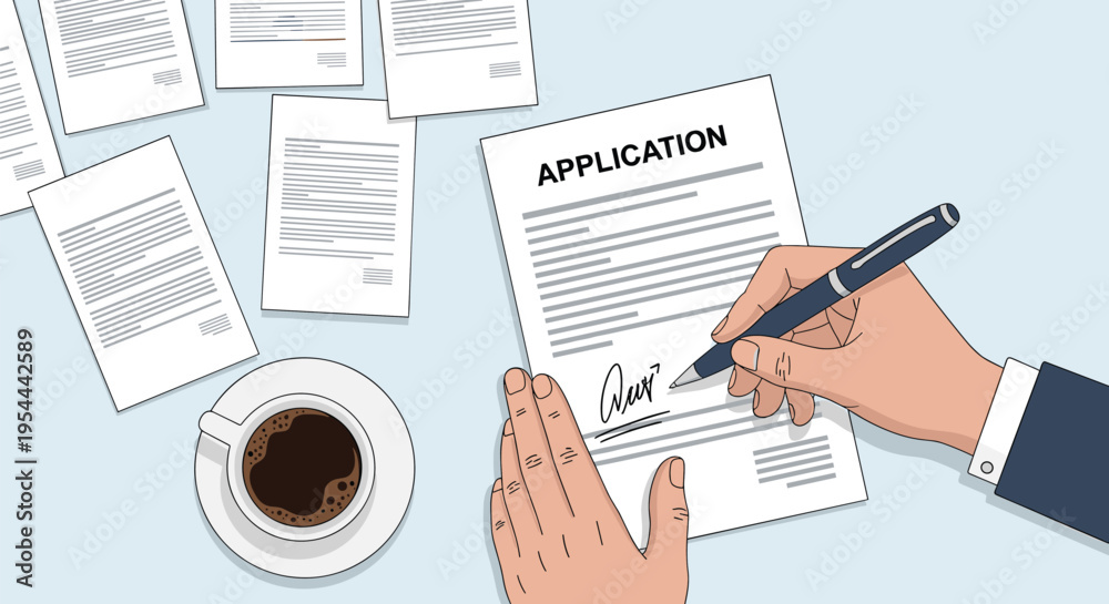 Obraz premium Top down view of hands signing a job application document with pen next to a cup of coffee and several papers on desk.