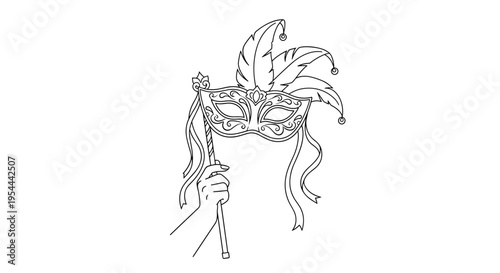 Line art drawing of a hand holding an ornate masquerade mask with feathers and ribbons on a stick for carnival party ball.