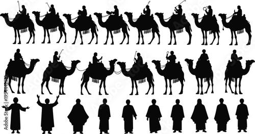 Camel rider and desert traveler silhouette set featuring nomads, traditional clothing and caravan poses for cultural, travel and Middle East theme design