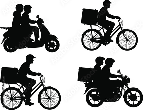 Delivery rider silhouette set featuring bicycle, scooter and motorbike couriers with package boxes for logistics, shipping and fast delivery service concept