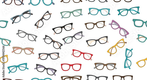Seamless background pattern with many different styles of colorful eyeglasses and spectacles on white backdrop for optics.