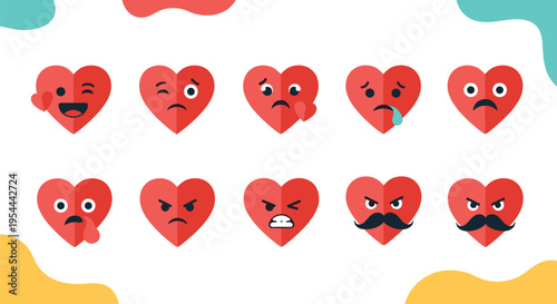 Collection of red heart shape emojis with various facial expressions from happy and winking to sad and angry for social.