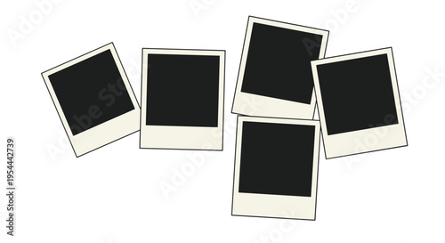 Group of five blank polaroid style instant camera photos scattered on white background for custom images and designs.