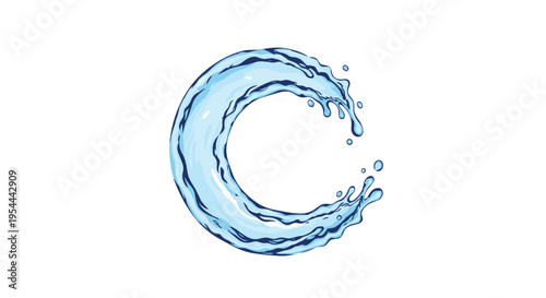 Dynamic circular splash of clear blue water with droplets flying outwards is isolated on a white background for a refreshing design concept.