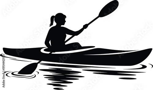 Dynamic black and white silhouette illustration of a woman kayaking with paddle strokes on rippling water, outdoor adventure sport concept for recreation, fitness, and exploration.