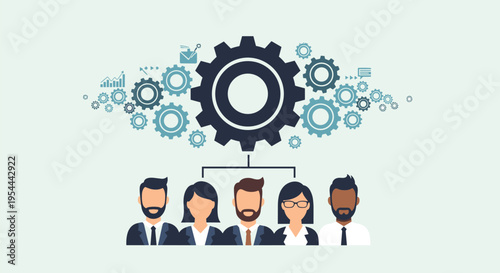 Large central gear connected to smaller ones sits above a team of five diverse professionals representing efficient business operations.