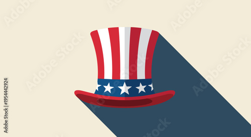 Iconic uncle sam top hat featuring red and white stripes with blue star band is depicted in a flat design style on a neutral background.