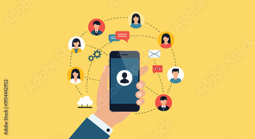 Hand holds a smartphone surrounded by a network of people icons and communication symbols representing digital social connectivity.