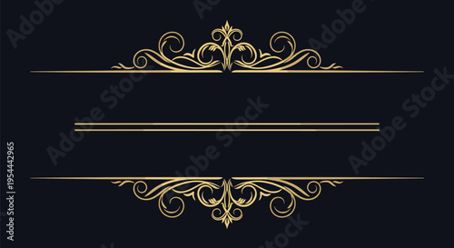 Elegant gold scrollwork ornaments serve as header and footer elements on a dark navy blue background for a sophisticated layout.