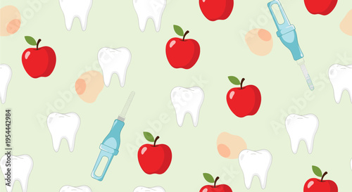 Dental hygiene pattern features white teeth, red apples, and interdental brushes on a pale green background for health awareness.