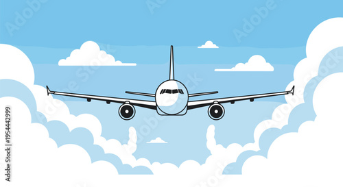 White airplane is captured flying directly towards the viewer through fluffy white clouds against a bright blue sky for travel concept.