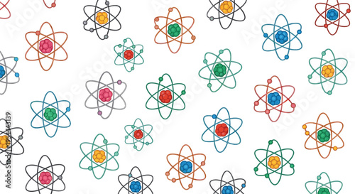 Scientific pattern features numerous atoms with vibrant red, blue, green, and yellow nuclei arranged on a clean white background for education.