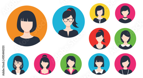 Set of diverse female avatars in circular frames showcases different hairstyles and accessories for social media profile icons.