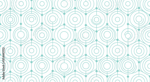 Intricate geometric pattern consists of teal concentric circles and connecting lines forming a repetitive hexagonal layout for design.