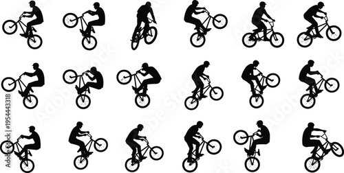 Bmx bike rider silhouettes performing stunts and tricks cad drawing flat vector illustration set with extreme sports bicycle stunts and cycling activities